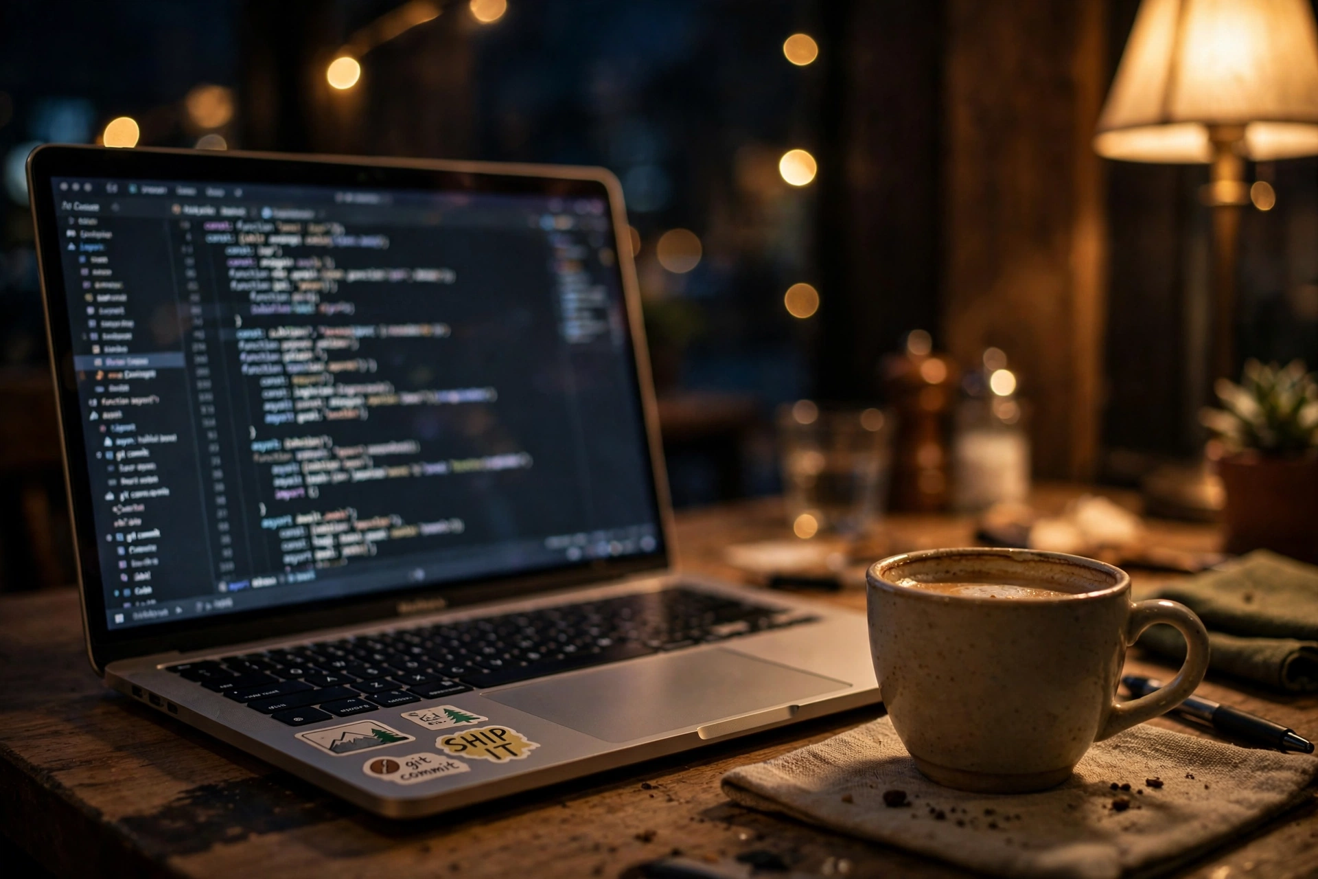 Laptop at a late-night cafe