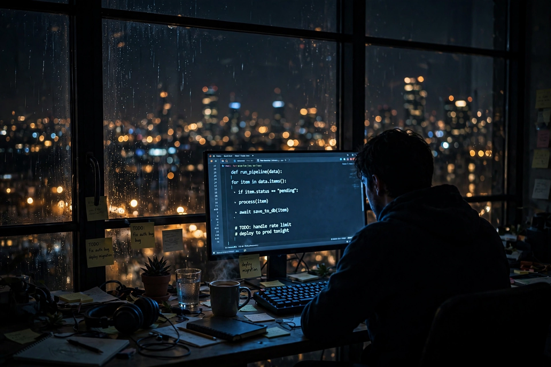 Desk by the window at night